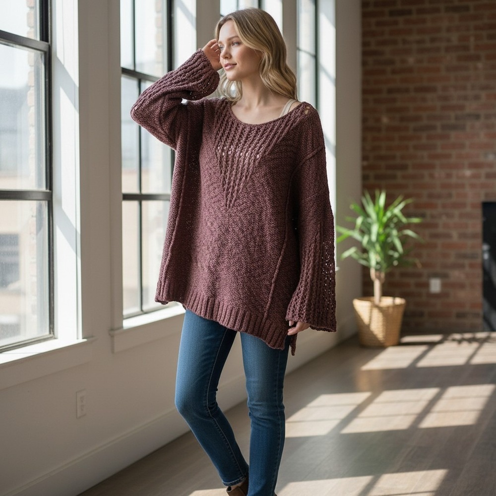 Free People oversized M brown crochet textured bell sleeve‎ cotton sweater H
